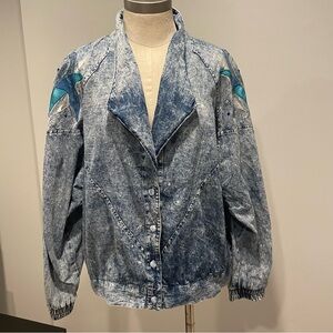 Vintage 80’s acid wash denim jacket with distressed shoulder embellishment
